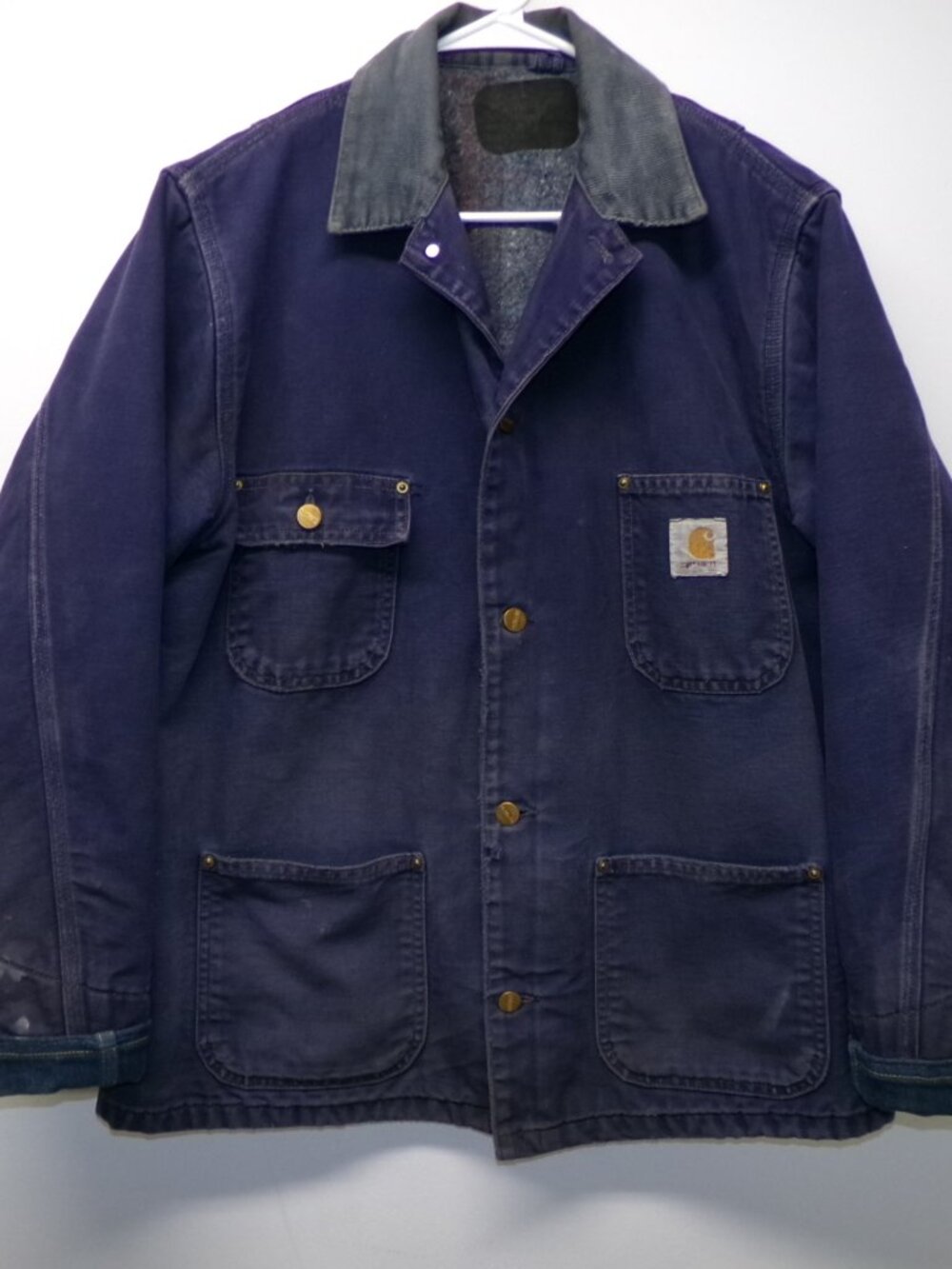 Vtg Carhartt Chore Coat Blanket Lined Blue Duck Canvas Jacket sz M/L? THRASHED